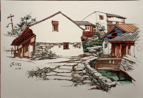 korean village snow,korean folk village,alpine village,wooden houses,water mill,village scene,escher village,cottages,mountain village,house drawing,mountain huts,house in mountains,chinese art,watercolor tea shop,home landscape,cool woodblock images,huashan,chinese architecture,hanok,traditional village,Architecture,Villa Residence,Chinese Traditional,Jiangnan