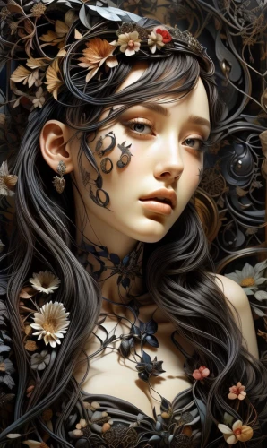 japanese art,fantasy art,chinese art,fallen petals,girl in a wreath,dryad,fantasy portrait,mystical portrait of a girl,fractals art,girl in flowers,faery,the enchantress,faerie,cloves schwindl inge,geisha,jigsaw puzzle,dried petals,dry bloom,geisha girl,complexity