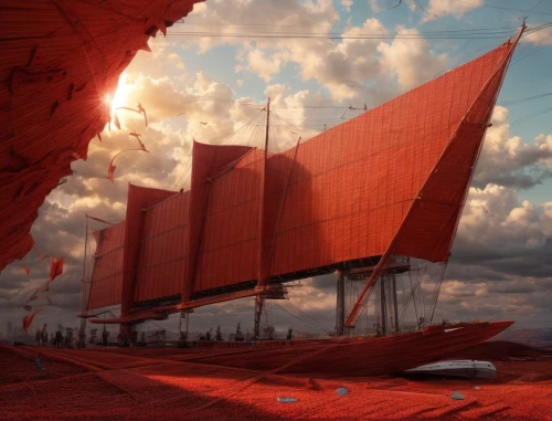 red sail,scarlet sail,cube stilt houses,sailing orange,sails,sailing wing,red planet,very large floating structure,cube sea,viking ship,sky space concept,dune,red earth,concrete ship,futuristic architecture,stealth ship,cargo ship,red cliff,the ark,paper ship,Common,Common,Film