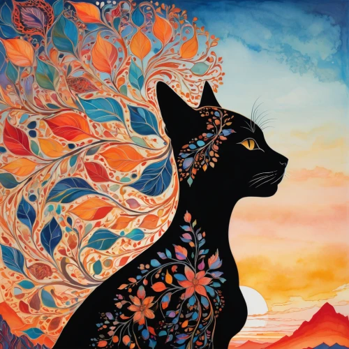 jiji the cat,chinese pastoral cat,carol colman,boho art,flower cat,pachamama,the cat,black cat,shamanic,capricorn kitz,magpie cat,domestic cat,cat image,calico cat,felidae,cloves schwindl inge,feline,tapestry,glass painting,carol m highsmith,Illustration,Abstract Fantasy,Abstract Fantasy 04