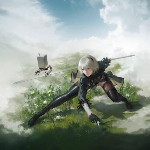 a200,game illustration,hunting scene,witcher,tiber riven,flying girl,swordswoman,huntress,plains,archer,lily of the field,game art,scythe,hunter's stand,piko,hunt,blade of grass,hunter,leap,animals hunting