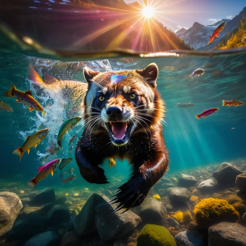 rocket raccoon,mozilla,dog in the water,firefox,underwater background,foxface fish,water dog,red panda,fantasy picture,fox,world digital painting,wolverine,mustelid,raccoon,anthropomorphized animals,aquatic mammal,furta,finnish lapphund,north american raccoon,digital compositing,Photography,General,Natural