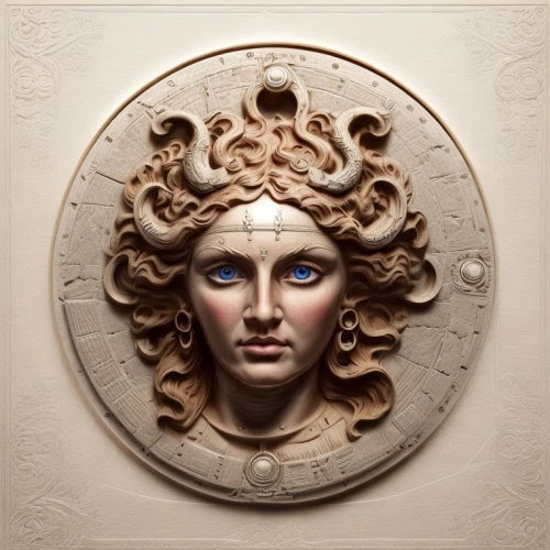 medusa,gorgon,laurel wreath,art deco ornament,decorative figure,neoclassical,art nouveau,wall plate,venus,neoclassic,decorative plate,medusa gorgon,classical antiquity,circular ornament,caryatid,venus comb,corinthian order,mouldings,decorative art,golden ratio,Common,Common,Natural