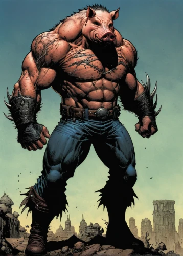 wolverine,minotaur,hog,boar,hog xiu,warthog,brute,strongman,barbarian,porker,the thing,wolfman,bane,muscle man,hercules winner,rhino,bison,marvel comics,splitting maul,ogre,Illustration,American Style,American Style 02