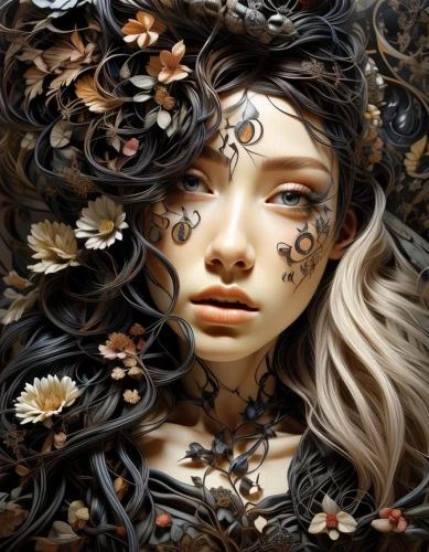 girl in a wreath,dryad,cloves schwindl inge,girl in flowers,wreath of flowers,fallen petals,medusa,wilted,fantasy art,faery,withered,fantasy portrait,falling flowers,dried petals,kahila garland-lily,fractals art,faerie,dry bloom,tendrils,jasmine blossom