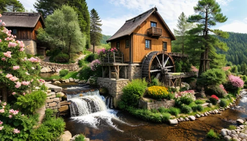 water mill,house in mountains,house in the mountains,log home,house in the forest,beautiful home,carpathians,the cabin in the mountains,home landscape,wooden house,summer cottage,alpine village,chalet,wooden houses,tree house hotel,hanging houses,idyllic,northern black forest,water wheel,mountain village,Photography,General,Natural