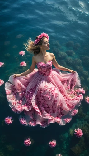 little girl in pink dress,sea carnations,the sea maid,submerged,water rose,floating on the river,underwater background,quinceañera,rose petals,gracefulness,the wind from the sea,pink water lilies,let's be mermaids,seabed,shallows,sea of flowers,sea breeze,rose water,fallen petals,flower water,Photography,General,Natural