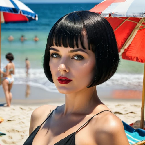 bob cut,mamaia,pixie cut,retro woman,beach background,red lips,retro girl,capri,artificial hair integrations,pixie-bob,asymmetric cut,bondi,audrey,rockabella,bowl cut,retro women,black hair,on the beach,retro pin up girl,pin-up model,Photography,General,Natural