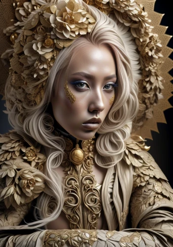 fantasy portrait,golden crown,gold filigree,gold foil crown,gold crown,baroque angel,golden wreath,gothic portrait,gold paint stroke,baroque,gilding,golden mask,priestess,gold foil art,fantasy art,gold lacquer,suit of the snow maiden,the carnival of venice,queen cage,mary-gold