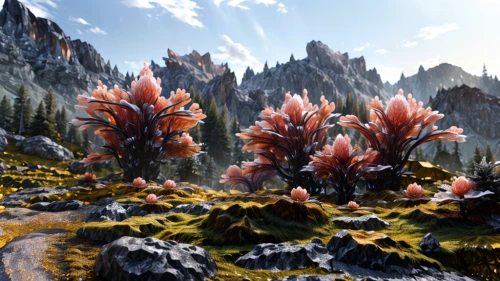 salt meadow landscape,autumn mountains,alpine crossing,elven forest,mountain plateau,mushroom landscape,larch forests,alpine meadow,larch trees,fantasy landscape,alpine flowers,mountain tundra,virtual landscape,alpine region,fairy forest,mountain landscape,autumn forest,desert plants,trollius download,3d fantasy