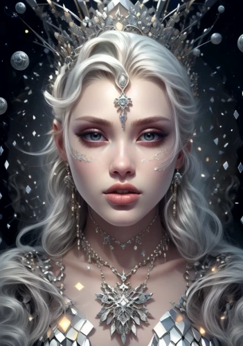 the snow queen,white rose snow queen,ice queen,ice princess,eternal snow,fantasy portrait,suit of the snow maiden,priestess,fantasy art,elven,queen of the night,white snowflake,crystalline,fantasy woman,elsa,ice crystal,zodiac sign libra,star mother,silvery,fairy queen