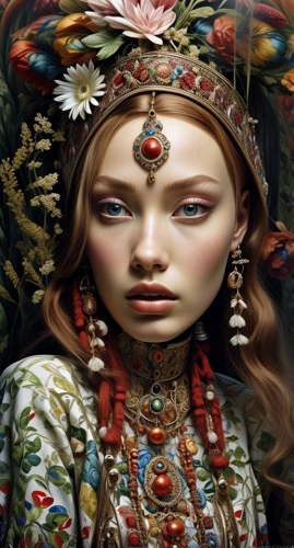mystical portrait of a girl,the carnival of venice,girl in a wreath,fantasy art,shamanic,fantasy portrait,shamanism,russian folk style,faery,the enchantress,female doll,miss circassian,painter doll,priestess,headdress,suit of the snow maiden,chinese art,orientalism,decorative figure,oriental princess
