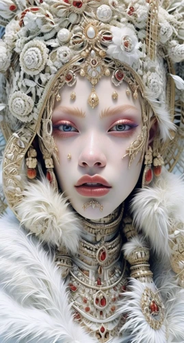 suit of the snow maiden,the snow queen,the carnival of venice,pierrot,ice queen,amano,fantasy portrait,white fur hat,fantasy art,white lady,pale,white rose snow queen,porcelain dolls,shamanic,barong,bjork,headdress,mystical portrait of a girl,faery,dead bride