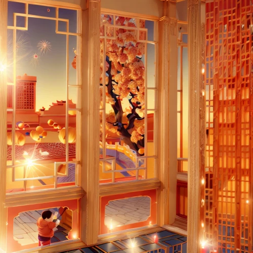 japanese-style room,room divider,japanese paper lanterns,bamboo curtain,mid-autumn festival,sky apartment,chinese screen,japanese architecture,3d fantasy,lanterns,sleeping room,bedroom window,3d render,window curtain,glass window,playing room,children's bedroom,christmas room,chinese temple,chinese lanterns