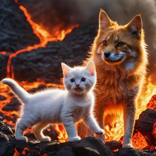 dog - cat friendship,dog and cat,fire background,ginger kitten,kittens,firestar,cat family,saganaki,cute animals,campfire,two cats,baby cats,firefox,cute cat,cat warrior,cat lovers,pomeranian,indian spitz,breed cat,felines,Photography,General,Natural