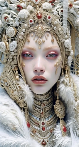 suit of the snow maiden,the snow queen,the carnival of venice,fantasy art,warrior woman,inner mongolian beauty,ice queen,fantasy portrait,priestess,peking opera,fantasy woman,amano,shamanic,chinese art,oriental princess,heroic fantasy,headdress,pierrot,white lady,fractalius
