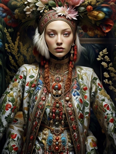 russian folk style,girl in a wreath,baroque angel,mystical portrait of a girl,girl in flowers,suit of the snow maiden,headdress,ukrainian,russian doll,portrait of a girl,folk costumes,folk costume,fantasy portrait,inner mongolian beauty,girl with cloth,girl in cloth,feather headdress,fairy peacock,kokoshnik,young girl