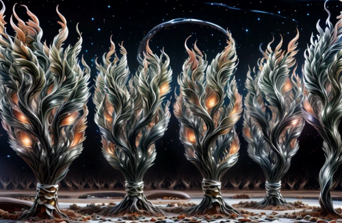 moonlight cactus,halloween bare trees,tree grove,spines,star winds,christmastree worms,snow trees,row of trees,ghost forest,grove of trees,flying seeds,axons,lunar landscape,tree ferns,cardamon pods,alien planet,corn stalks,angel trumpets,seeds,the roots of trees
