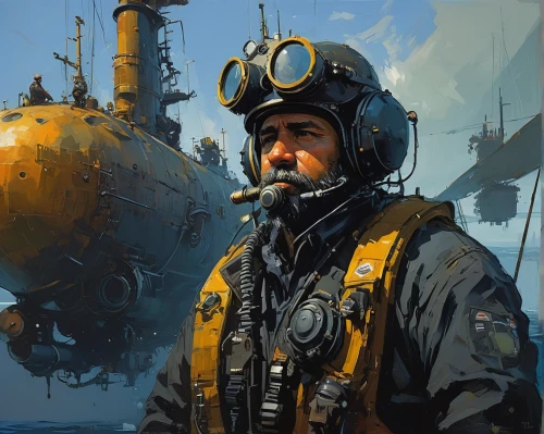 aquanaut,pilot,seafarer,naval officer,sea scouts,diving helmet,drone pilot,mariner,submersible,helicopter pilot,diving bell,usn,drone operator,scuba,steampunk,captain p 2-5,fighter pilot,shipyard,submarine chaser,admiral,Conceptual Art,Sci-Fi,Sci-Fi 01