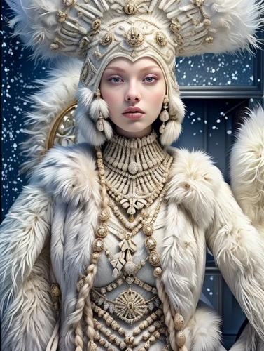 suit of the snow maiden,the snow queen,ice queen,ice princess,white fur hat,fantasy portrait,white rose snow queen,fantasy art,imperial coat,fur clothing,fantasy picture,russian folk style,siberian,eskimo,priestess,eternal snow,samara,fantasy woman,cleopatra,shamanic