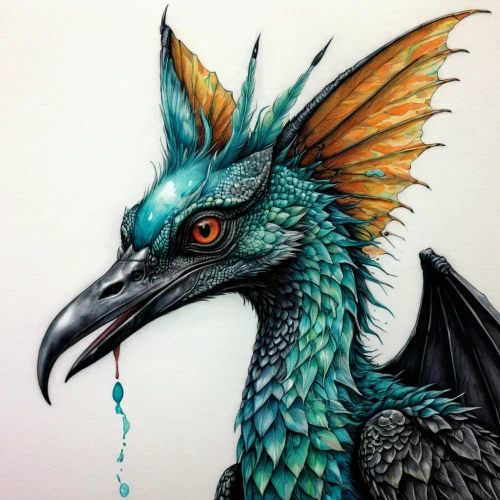 painted dragon,gryphon,garuda,green dragon,bird painting,watercolor bird,ornamental bird,harpy,summer plumage,black dragon,sharp beak,corvin,basilisk,an ornamental bird,wyrm,dragon,plumage,feathers bird,teal,prince of wales feathers,Illustration,Japanese style,Japanese Style 18