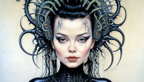 bjork,medusa,gorgon,medusa gorgon,amano,biomechanical,gothic portrait,the enchantress,sci fiction illustration,cybernetics,chinese art,humanoid,fantasy art,fantasy portrait,labyrinth,meridians,vampira,sigourney weave,voodoo woman,dita,Illustration,Abstract Fantasy,Abstract Fantasy 04