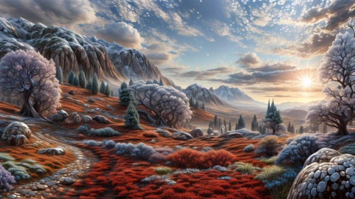 fantasy landscape,salt meadow landscape,mountain landscape,mountainous landscape,fantasy picture,landscape background,winter landscape,mushroom landscape,nature landscape,mountain scene,world digital painting,autumn landscape,virtual landscape,snow landscape,volcanic landscape,autumn mountains,futuristic landscape,desert landscape,forest landscape,fantasy art