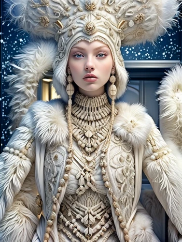 suit of the snow maiden,the snow queen,ice queen,imperial coat,white fur hat,ice princess,fantasy portrait,white rose snow queen,fantasy art,russian folk style,emperor,priestess,imperial,art deco woman,imperial crown,fantasy picture,fantasy woman,white lady,fur clothing,cleopatra