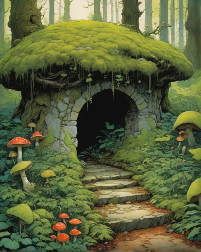 mushroom landscape,mushroom island,forest mushroom,forest mushrooms,fairy village,fairy forest,toadstools,fairy house,umbrella mushrooms,toadstool,mushrooms,studio ghibli,fairy chimney,fairy door,fairy world,mushrooming,tunnel of plants,tree mushroom,mushroom,enchanted forest,Illustration,Realistic Fantasy,Realistic Fantasy 04