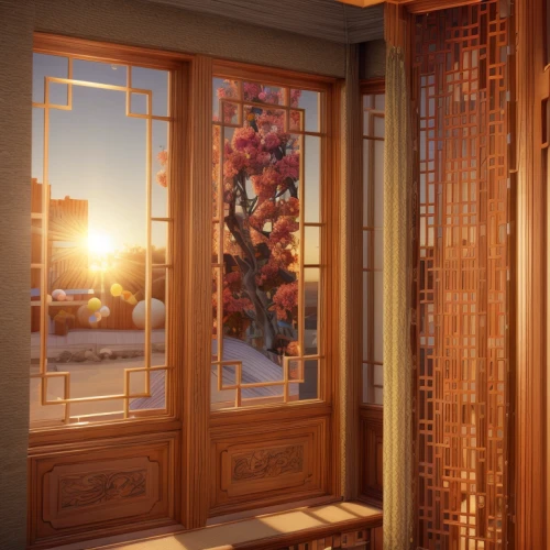 wooden windows,paris balcony,wooden door,window curtain,window treatment,armoire,window with shutters,lattice window,bedroom window,room divider,wood window,3d rendering,window valance,wooden shutters,french windows,lattice windows,window covering,dialogue window,render,penthouse apartment