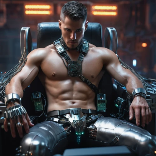cyborg,cyberpunk,six-pack,male character,energy drinks,wearables,abs,electro,capacitor,mass,mechanic,2080ti graphics card,new concept arms chair,harnessed,man with a computer,body-building,jägermeister,muscle man,men sitting,gin,Photography,General,Sci-Fi