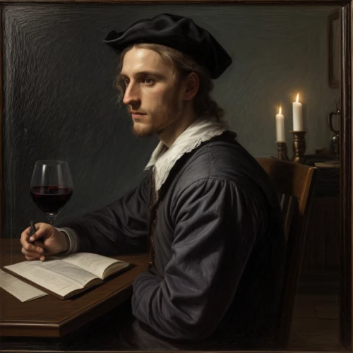 winemaker,romantic portrait,holbein,leonardo devinci,artist portrait,a glass of wine,meticulous painting,man with a computer,scholar,self-portrait,male poses for drawing,a bottle of wine,apéritif,candlemaker,wine cultures,painting technique,wineglass,mulled claret,droste,young wine