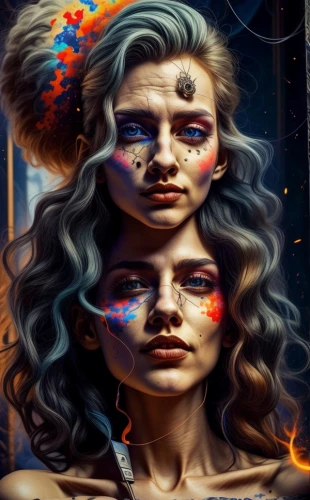 shamanism,neon body painting,psychedelic art,world digital painting,shamanic,fantasy portrait,sci fiction illustration,image manipulation,fantasy art,multicolor faces,american indian,photoshop manipulation,masquerade,photomanipulation,face paint,warrior woman,the american indian,neon makeup,bodypainting,mystical portrait of a girl
