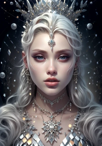 the snow queen,ice queen,white rose snow queen,ice princess,fantasy portrait,elsa,eternal snow,priestess,suit of the snow maiden,queen of the night,fantasy art,crystalline,elven,ice crystal,zodiac sign libra,callisto,fairy queen,celtic queen,the enchantress,white snowflake