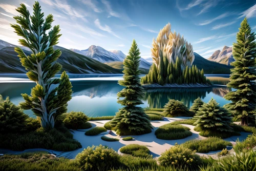 landscape background,salt meadow landscape,nature landscape,alpine lake,natural landscape,mountain landscape,green trees with water,mountain spring,landscape nature,river landscape,mountain scene,mountainous landscape,larch trees,world digital painting,waterscape,glacial lake,larch forests,background view nature,fantasy landscape,forest landscape