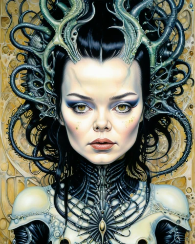 bjork,medusa,gorgon,the enchantress,fantasy portrait,gothic portrait,biomechanical,amano,medusa gorgon,priestess,sci fiction illustration,fantasy art,labyrinth,siren,dryad,humanoid,gemini,voodoo woman,shamanic,symbiotic,Illustration,Abstract Fantasy,Abstract Fantasy 04