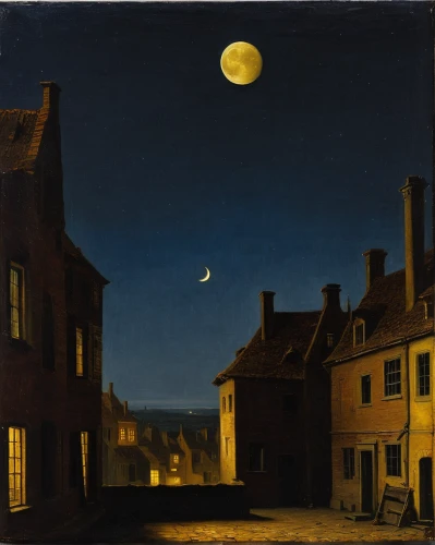 night scene,moonlit night,hanging moon,night image,moonlit,herfstanemoon,at night,the moon,moon at night,moon night,night watch,evening atmosphere,phase of the moon,moon phase,orlovsky,grant wood,constable,night photograph,half-moon,moon and star,Art,Classical Oil Painting,Classical Oil Painting 07