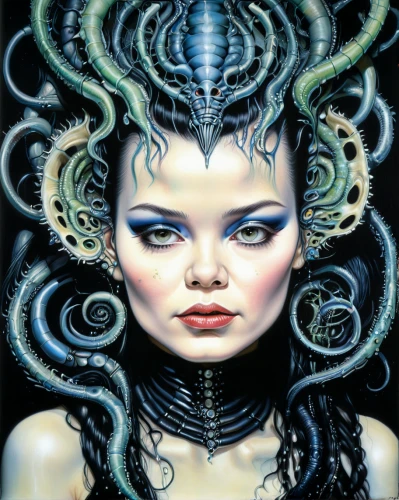 medusa,medusa gorgon,gorgon,bjork,fantasy art,the enchantress,queen of the night,biomechanical,fantasy portrait,priestess,zodiac sign libra,horoscope libra,coil,sci fiction illustration,zodiac sign gemini,alien warrior,callisto,the zodiac sign pisces,siren,shamanic,Illustration,Abstract Fantasy,Abstract Fantasy 04