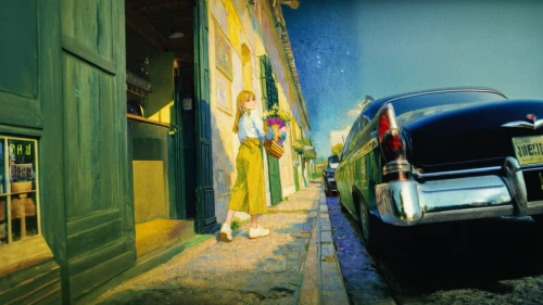 yellow taxi,aronde,burano island,girl and car,street scene,cuba background,italian painter,alley,cinquecento,city car,narrow street,old havana,multiple exposure,old linden alley,laneway,night scene,matchbox car,arles,photo painting,color image