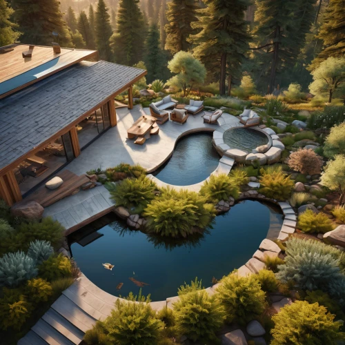 pool house,roof landscape,3d rendering,koi pond,zen garden,garden pond,japanese zen garden,render,landscaping,summer cottage,outdoor pool,home landscape,3d render,japanese garden ornament,pond,3d rendered,japanese garden,luxury home,backyard,house in the mountains,Photography,General,Natural