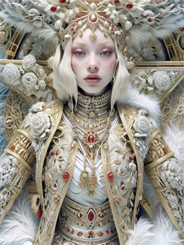 suit of the snow maiden,amano,the snow queen,pale,baroque angel,fantasy portrait,white lady,fantasy art,imperial coat,inner mongolian beauty,chinese art,white rose snow queen,albino,snow white,ice queen,emperor,oriental princess,pierrot,priestess,russian folk style