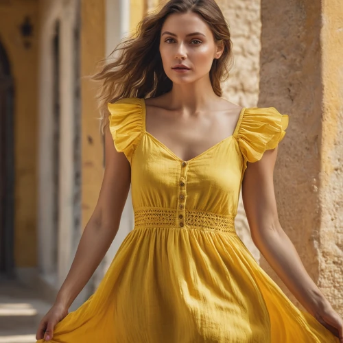 yellow jumpsuit,girl in a long dress,a girl in a dress,vintage dress,yellow,yellow orange,yellow brown,yellow color,strapless dress,yellow petal,yellow bell,country dress,day dress,sheath dress,golden yellow,girl in a long dress from the back,long dress,aurora yellow,hallia venezia,yellow peach,Photography,General,Natural