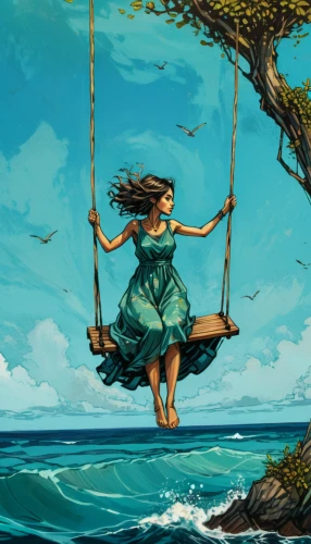 rope swing,little girl in wind,tightrope,adrift,the wind from the sea,swing,tree swing,wooden swing,fairies aloft,tightrope walker,flying girl,island suspended,monkey island,empty swing,dreams catcher,wind,mermaid background,hula,winds,floating island,Illustration,Realistic Fantasy,Realistic Fantasy 23