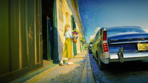 yellow taxi,cuba background,chevrolet delray,digital compositing,blue door,ford prefect,vintage vehicle,yellow car,mail truck,cinquecento,photo painting,aronde,girl and car,the old van,ford truck,photomanipulation,image manipulation,fiat 600,key west,matchbox car