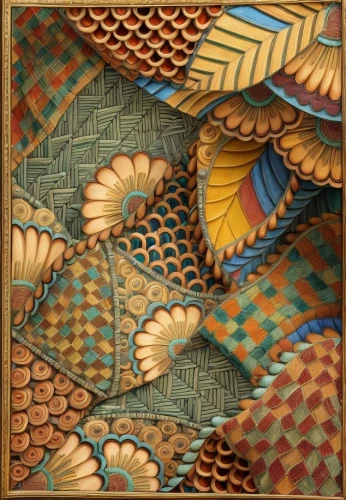 patterned wood decoration,ceramic tile,kimono fabric,escher,spanish tile,tessellation,terracotta tiles,fractals art,oriental painting,tile,japanese art,clay tile,gaudí,japanese patterns,batik,japanese pattern,wall panel,almond tiles,terracotta,tapestry,Common,Common,Natural