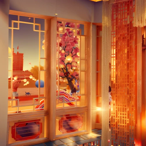 japanese-style room,3d render,room divider,render,3d rendered,3d rendering,bamboo curtain,art deco background,beauty room,sky apartment,3d background,ornate room,fireplaces,chinese screen,penthouse apartment,interior decoration,japanese paper lanterns,crown render,flower booth,an apartment