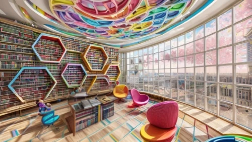 children's interior,book wall,reading room,bookshelves,school design,colourful pencils,ufo interior,children's room,bookstore,bookcase,colorful spiral,book store,colorful glass,spiral book,bookshelf,panoramical,colorful facade,study room,library book,creative office