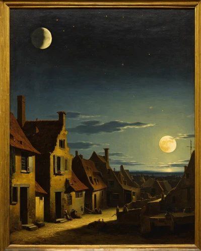 night scene,herfstanemoon,moonlit night,constable,orlovsky,phase of the moon,moonlit,hanging moon,moonscape,evening atmosphere,night image,moonrise,astronomer,astronomy,carl svante hallbeck,the moon,moon valley,moon at night,groenendael,moon night,Art,Classical Oil Painting,Classical Oil Painting 07