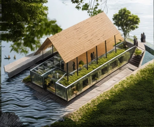 house with lake,house by the water,boat house,inverted cottage,stilt house,floating huts,houseboat,boathouse,eco-construction,grass roof,summer cottage,pool house,danish house,cube stilt houses,eco hotel,summer house,cottage,timber house,stilt houses,fisherman's house,Architecture,Villa Residence,Modern,Mid-Century Modern