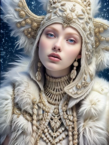 suit of the snow maiden,the snow queen,fantasy portrait,white fur hat,fantasy art,ice queen,white rose snow queen,fantasy picture,baroque angel,fantasy woman,white lady,ice princess,mystical portrait of a girl,priestess,faery,faun,the enchantress,eternal snow,faerie,sci fiction illustration